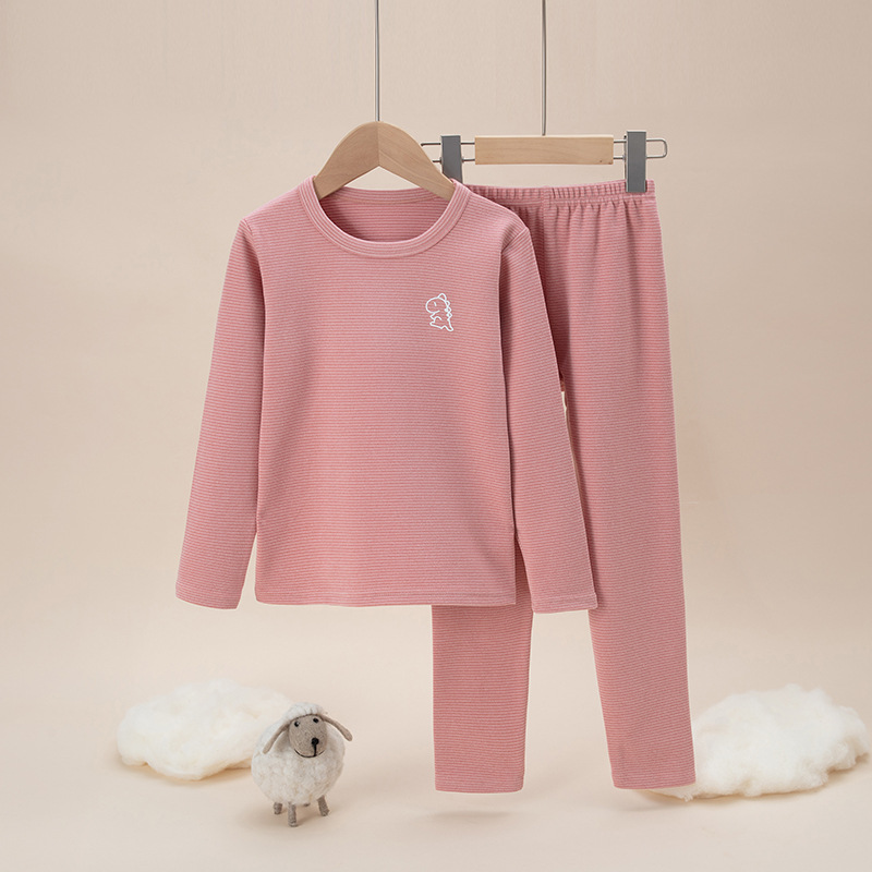 Picture of Children's double-sided brushed plush Long Johns boys and girls winter thermal underwear suit mid-collar bottoming striped pajamas