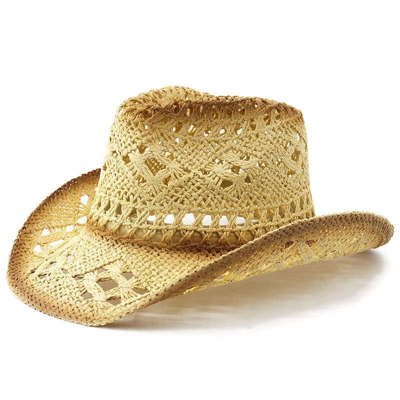 Picture of European and American Retro Western Cowboy Hat Sunscreen Hollow-out Jazz Hat Cross-border Malan Flower Windproof Rope Denim Straw Hat