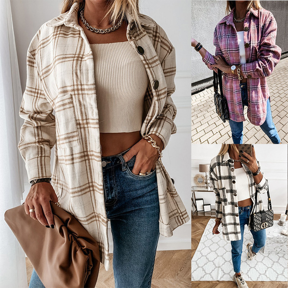 2021 European and American autumn and winter New ebay Amazon casual fashion long single breasted Plaid long sleeve coat