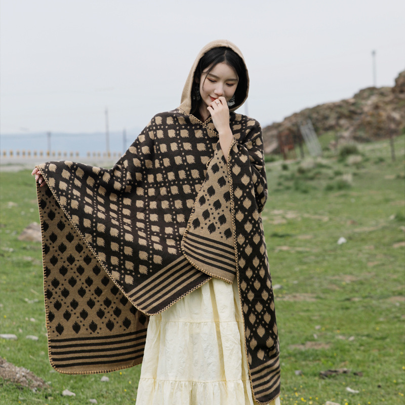 Picture of Ethnic Style Hooded Shawl Women's Yunnan Western Sichuan Travel Wear Costume Xinjiang Desert Photograph Outer Cape Cape