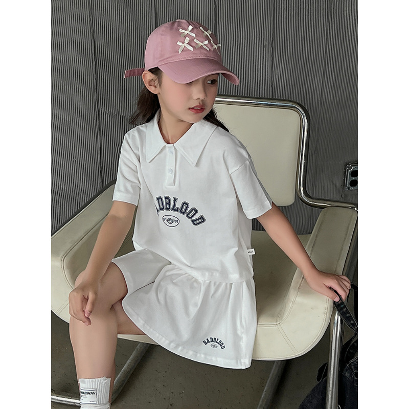 Girls Summer Suit Skirt 2025 New Casual Kidsren's Polo Collar t Short-Sleeved Women's Short Skirt T-Shirt Two-Piece Skirt