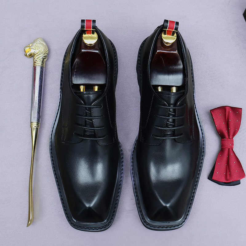 Dress Leather Shoes Men's Spring Cowhide Genuine Leather Heightened Large Size Derby Shoes Commuter Platform Lightweight Retro Business Shoes for Men