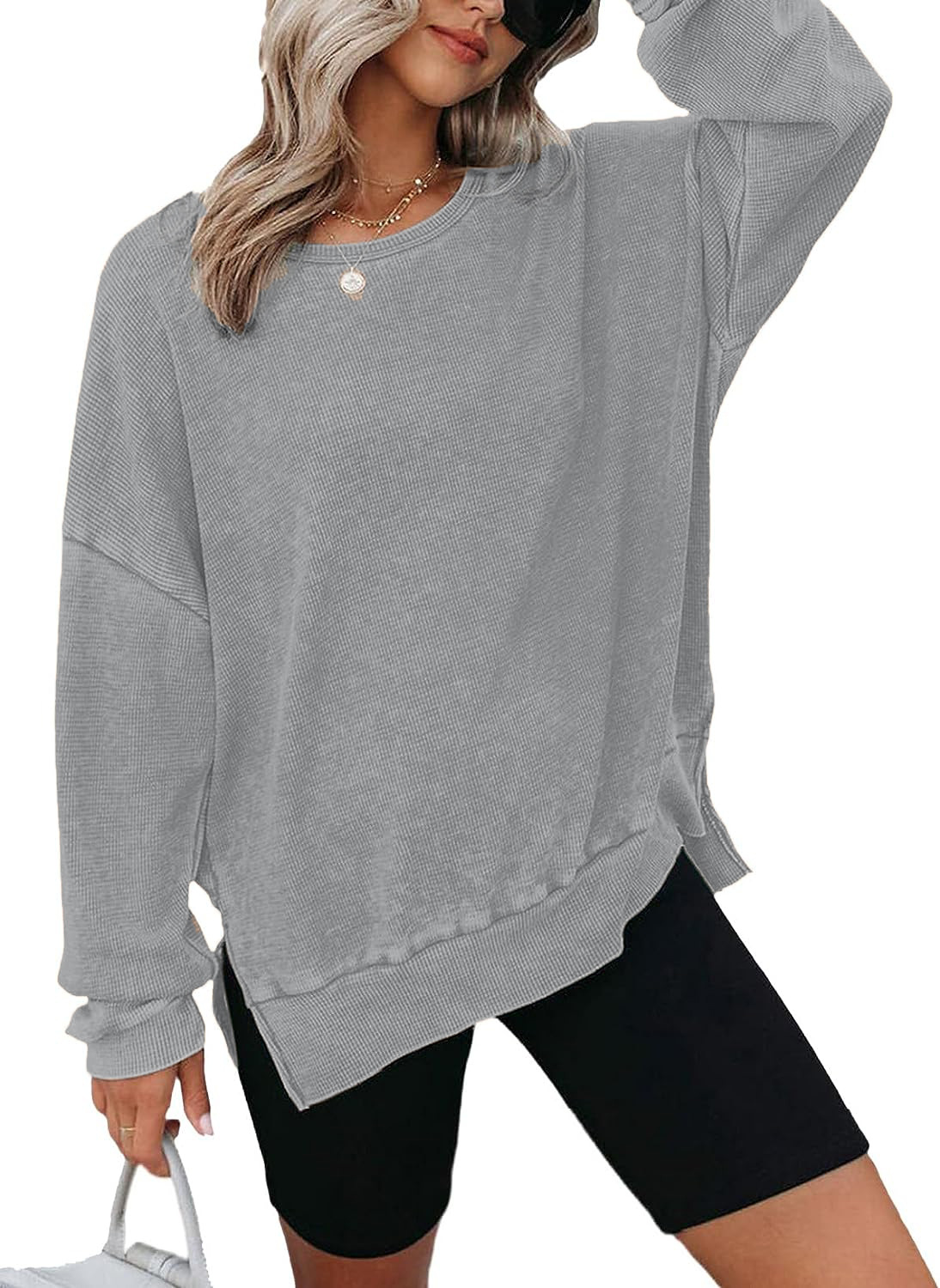 Picture of 2025 European and American Cross-Border Women's Clothing Amazon Autum New Round Neck Long-Sleeved Side Slit Waffle Sweatshirt T-Shirt for Women