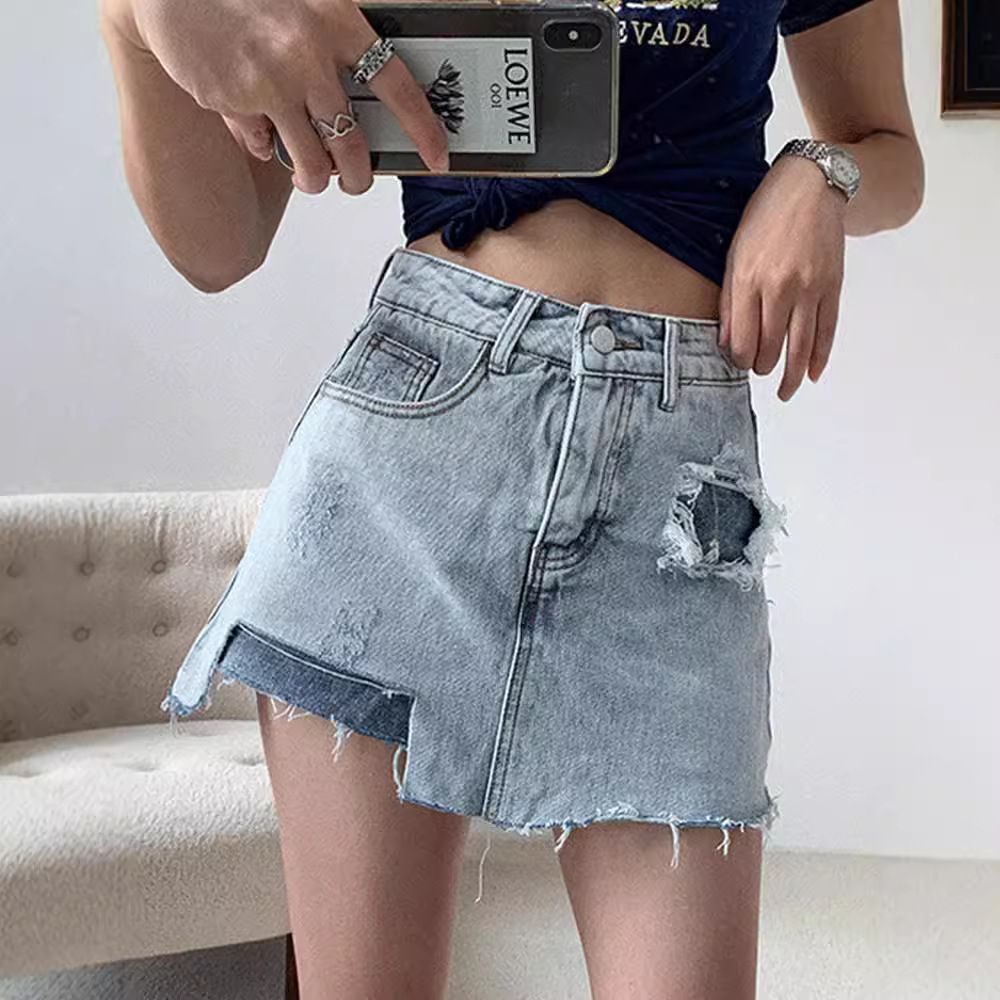 American Style Denim Skirt Women's Summer 2024 New Design Sense Strap Retro Hot Girl High Waist Hip Short Skirt