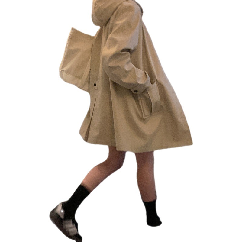 Korean style new mid-length khaki buckle hooded Fengyun coat for women