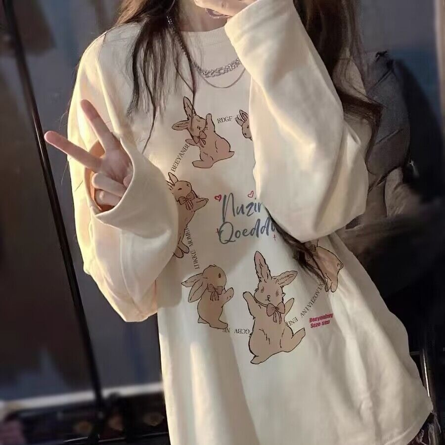 Fall 2023 New oversize shoulder T-shirt women's short-sleeved American girlfriends wear long-sleeved casual top women's clothing