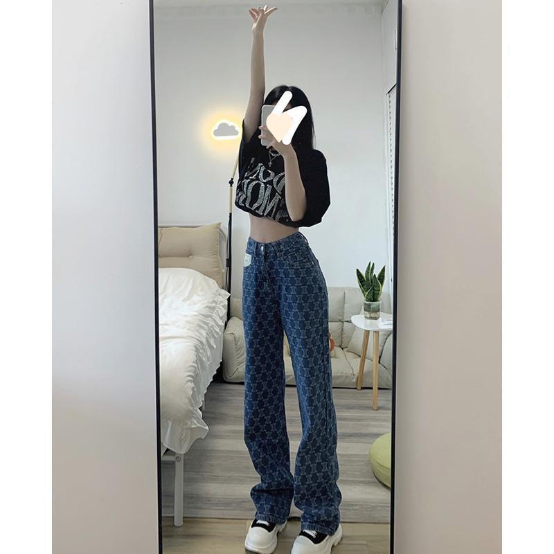 Hot Girl Blue Jeans Women's Thin Trendy 2023 Summer New Printed Loose Straight Wide Leg Pants