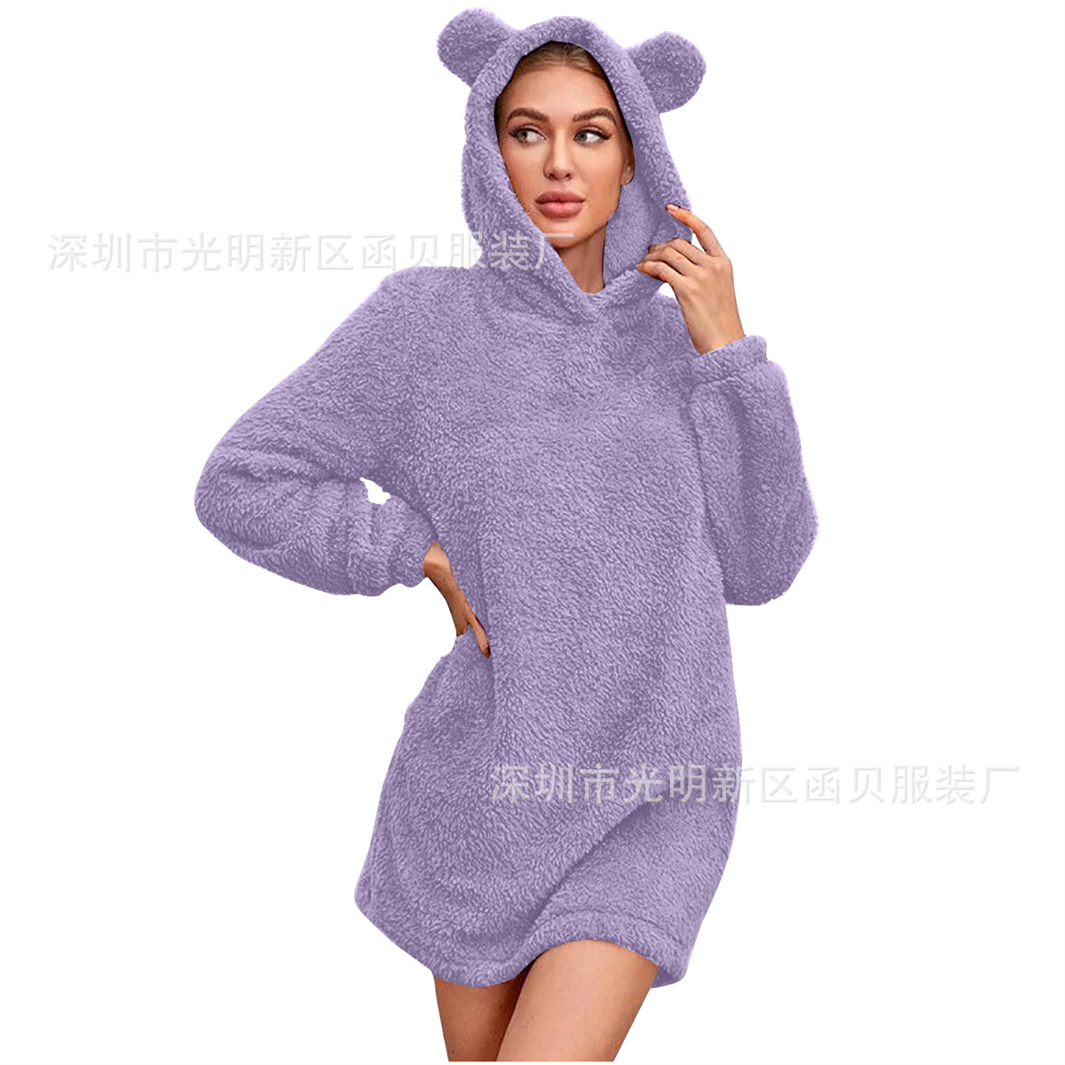Picture of European and American Cross-border Amazon 2024 Autumn and Winter New Ear Hooded Loose Plush Long Sleeve Women's Wei Skirt Coat