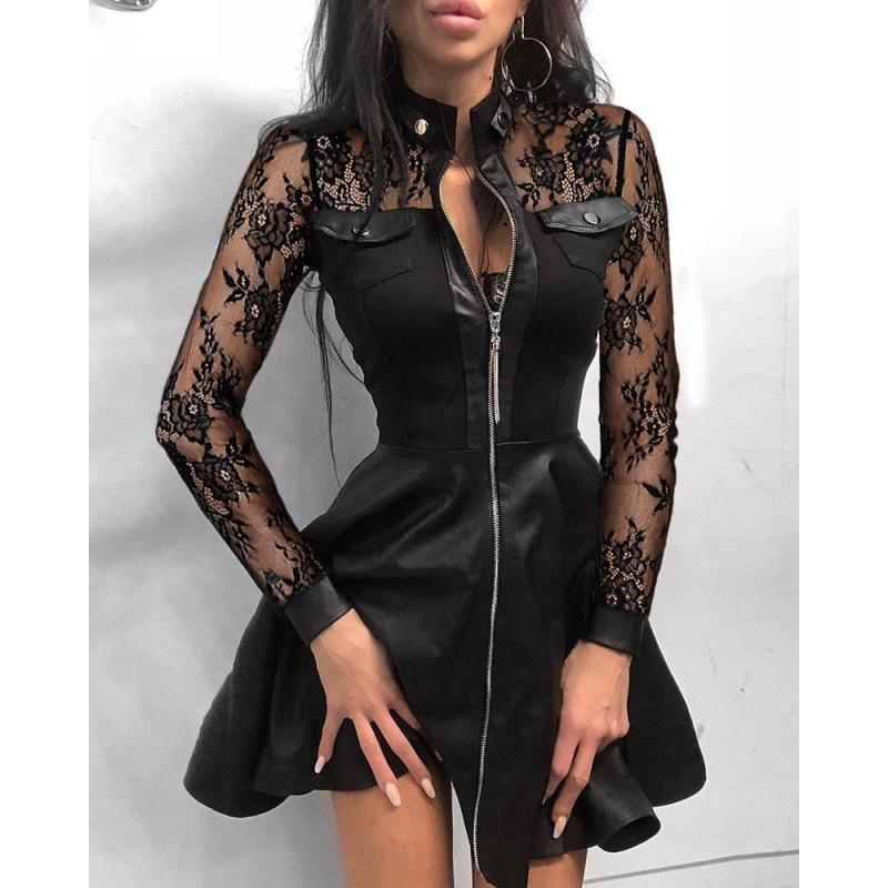 Picture of Aliexpress Wish Export Women's Clothing Autumn and Winter New Fashion Pu Leather Splicing Waist Dress for Women