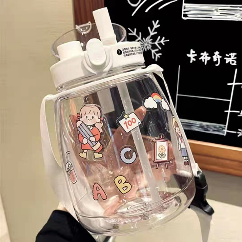 Internet Celebrity Big Belly Water Cup Plastic Water Kettle Shake Tone Large Capacity Suction Tube Cup Strap Portable Water Cup for Girls and Students