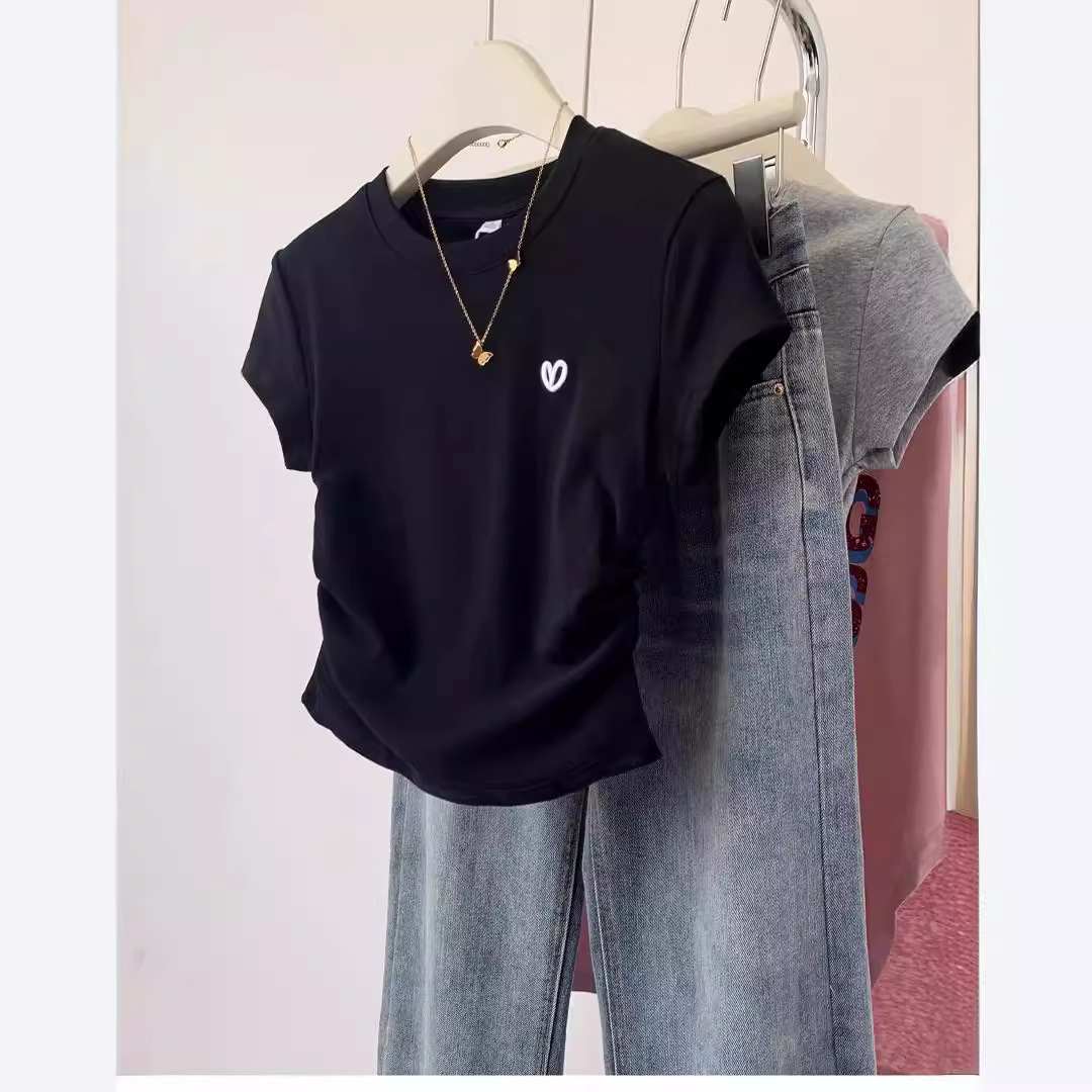 Black Shoulder Love Short-sleeved T-shirt Female Student Summer 2024 New Style Chic Slim-fit Short T-shirt Top Trendy