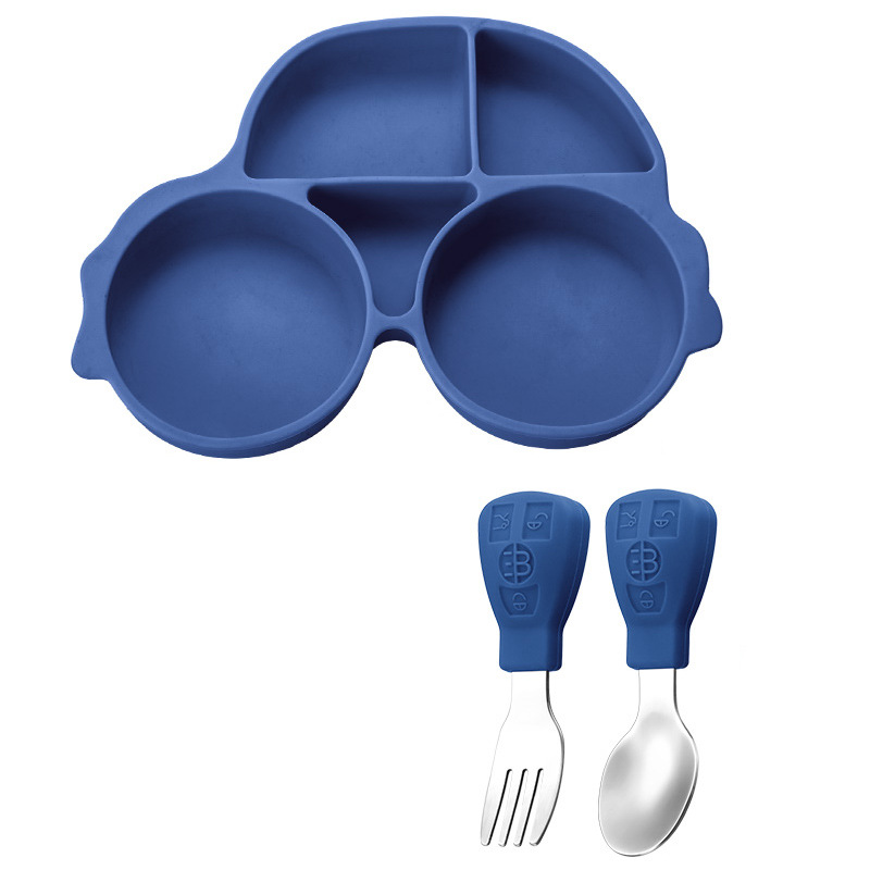 Picture of Amazon Cartoon Children's Car Silicone Dinner Plate 304 Stainless Steel Spoon Fork Gift Baby Learning Dining Tableware Set