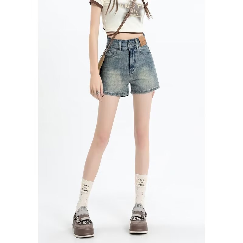 Denim Shorts Women's Summer 2024 New High Waist Summer Hot Girl Elastic Slim A-Line Hot Pants Distressed