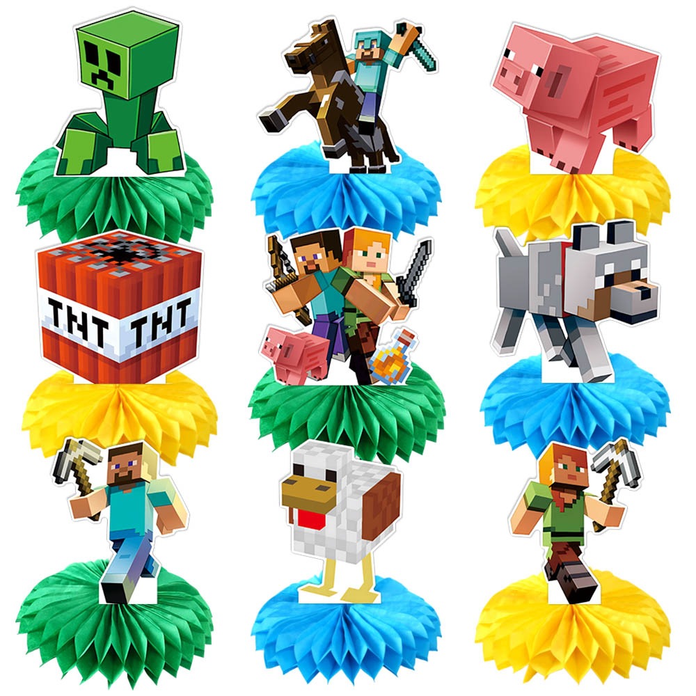 Picture of Minecraft Birthday Party Decoration Set Pixel Wars Happy Birthday Flag Cake Dessert Insert