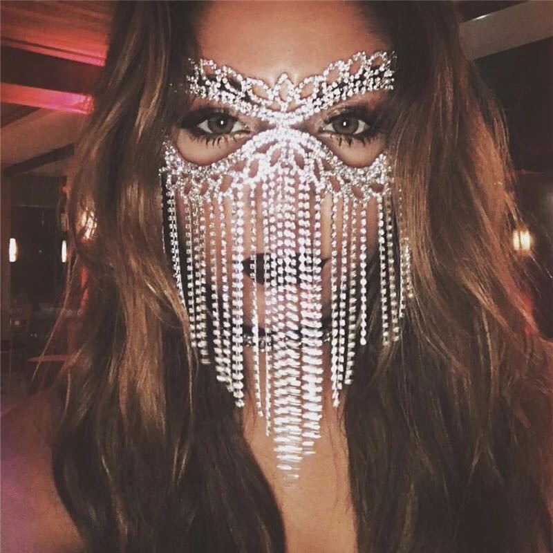 ins cross-border hot sexy exaggerated rhinestone tassel mask European and American fashion masquerade jewelry mask jewelry