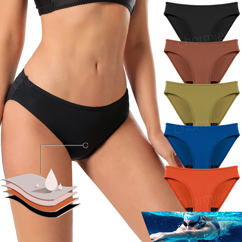 Cross-Border European and American Mid-Waist Solid Color Four-Layer Leak-Proof Menstrual Underwear Quick-Drying Swimming Trunks Women's Sanitary Napkin-Free Aunt Menstrual Pants