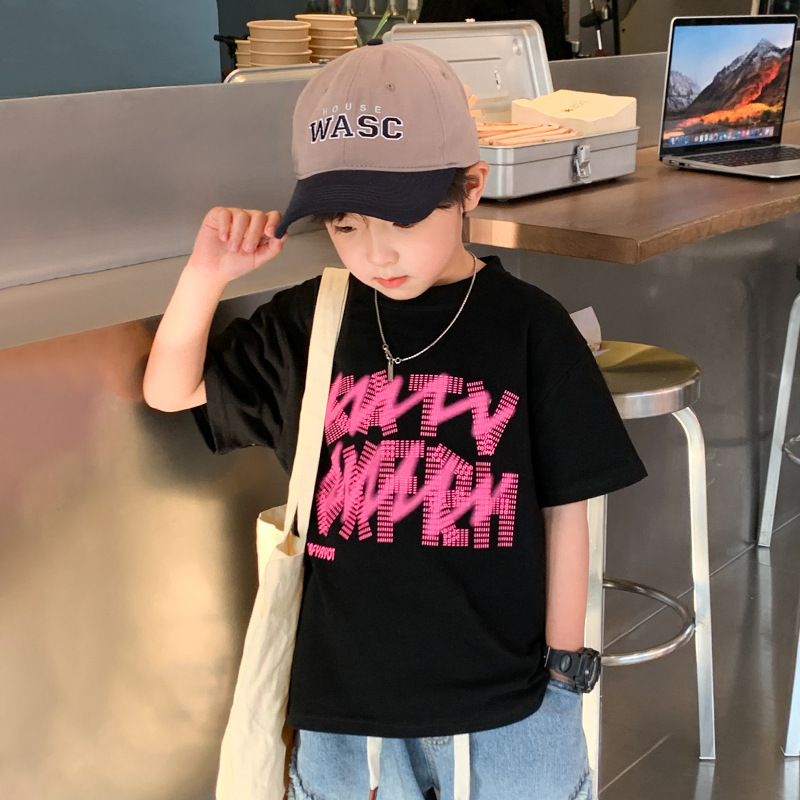 Children's Wear Boy's Summer Black Short-sleeved T-shirt Pure Cotton 2023 New Style Mid-Big Children's Summer Fashion Brand Western Style Half-sleeved T-shirt
