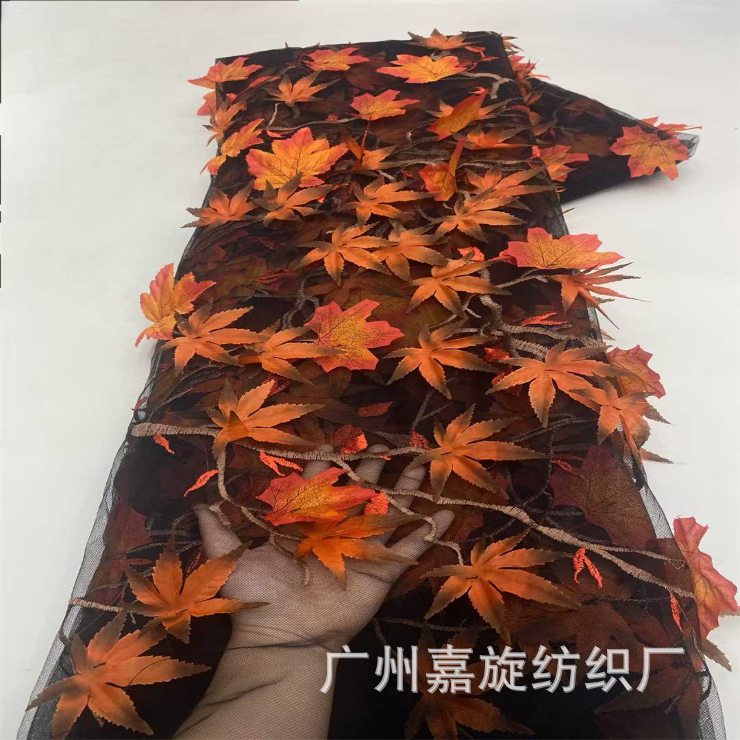 3D Simulation Red Maple Leaf Rattan Embroidery Lace Fabric Fashion dress Children's Dress Costsize Fabric