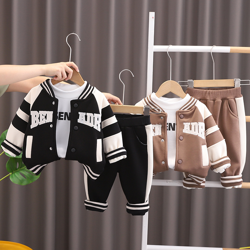 Boys and girls long sleeve autumn and winter suit 2024 new casual fashion letters fleece-lined baseball suit baby three-piece fashion