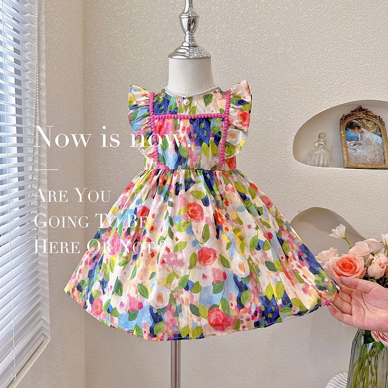 Girl's dress Summer Dress 2024 Floral Bubble Short-sleeved Dress Summer Korean Princess Dress Children's Skirt