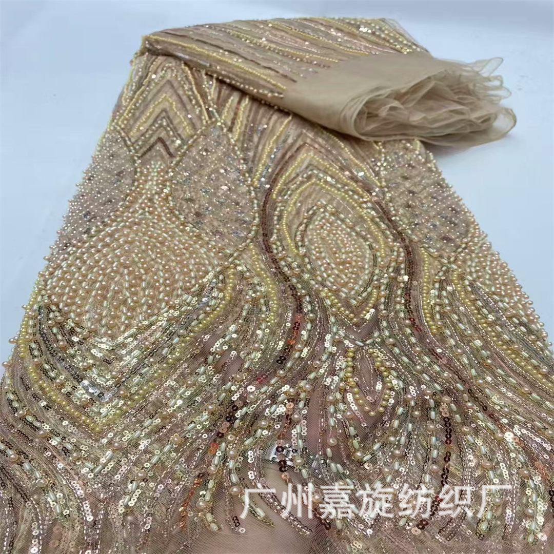 European and American Striped Bubble Bead Tube Lace Fabric Dress Long Rice Bead Wedding Dress Stage Performance Dress Embroidered Fabric