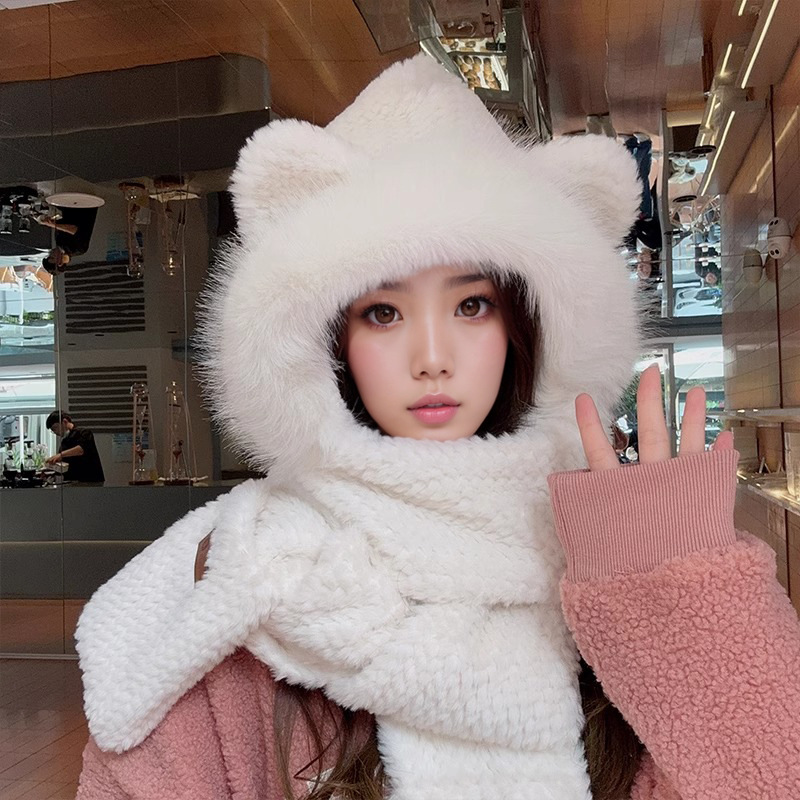 Picture of Cute Bear Hat Gloves Three-in-One Scarf Plush Hat Winter Riding Women's Easy Outdoor High-Level Warm Hat