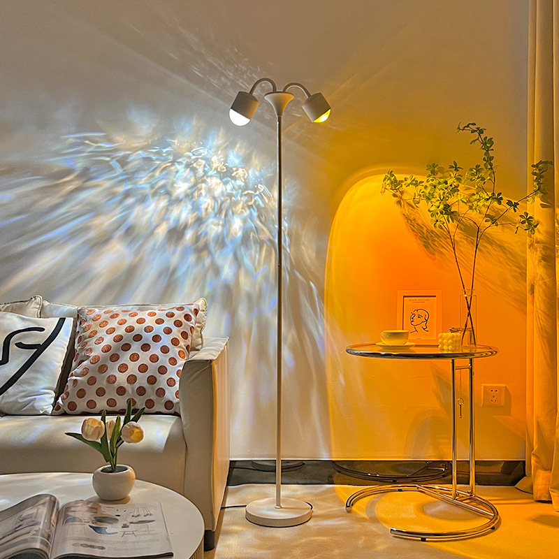 Internet celebrity sunset live broadcast room background, high-end sunset lights, sunset lights, double-headed ambient lights, living room floor, water, corrugated iron