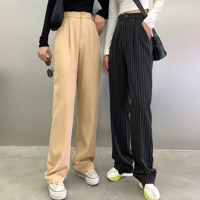 American Style Retro Vertical Stripe Casual Suit Pants Women's Straight Loose New High Waist Flooring Wide Leg Trendy ins Pants