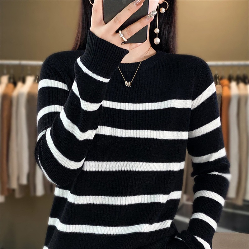 Picture of Striped women's 23 color matching round neck sweater cashmere sweater long sleeve new women's pullover bottoming loose autumn and winter knitted