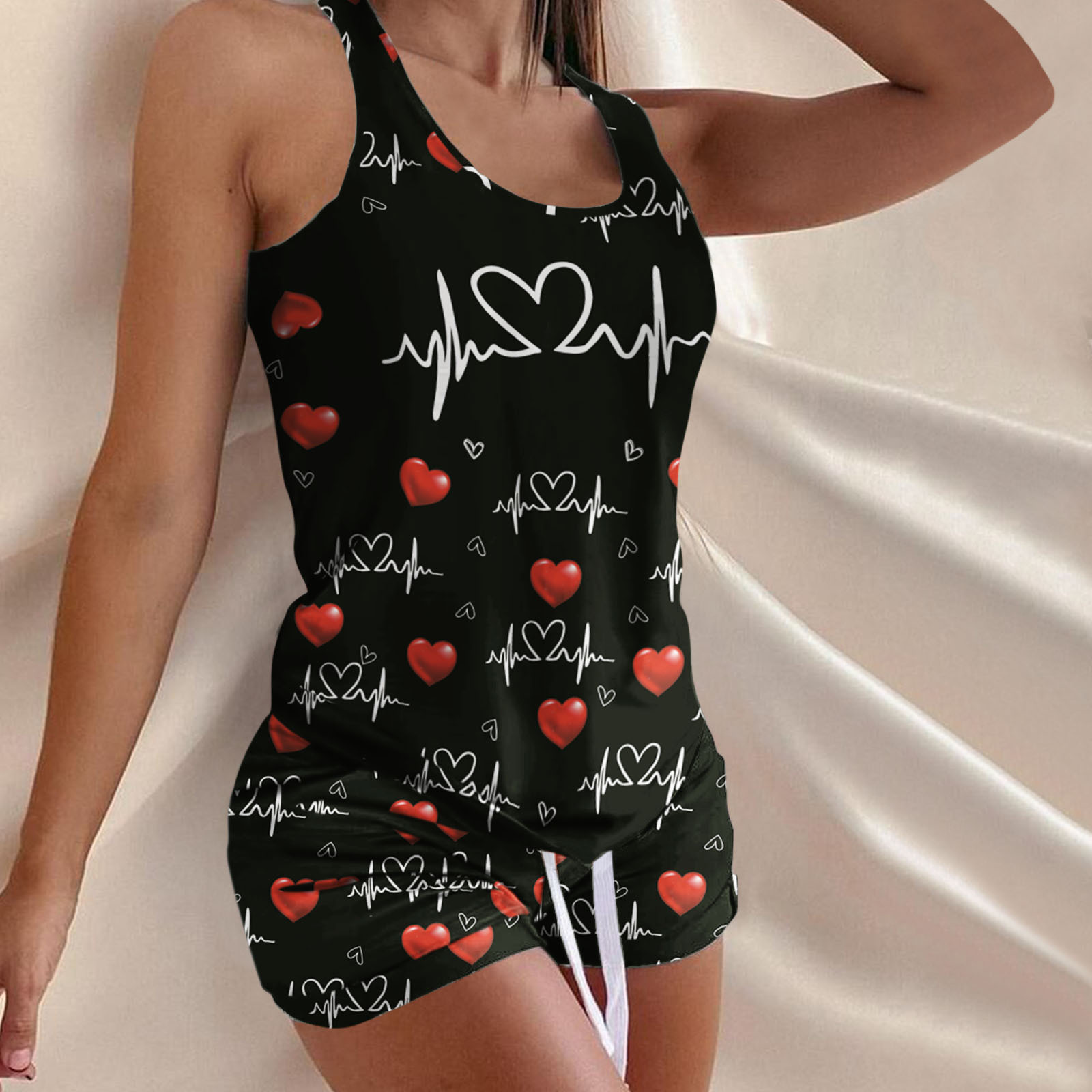 Picture of 2022 new retro I-shaped printed vest and drawstring waist shorts suit temperament commuter sleeveless women's clothing