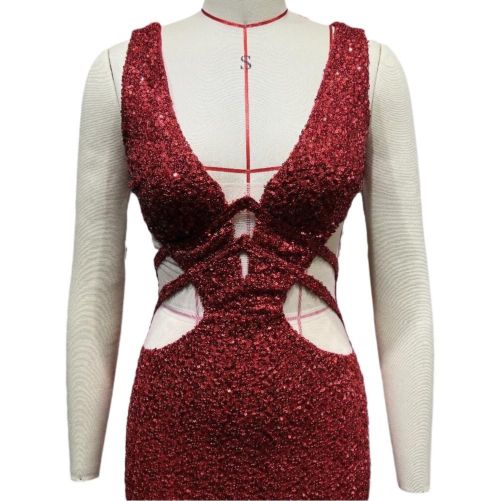 European and American Women's Clothing 2025 Spring & Fall Heavy Beaded Long Evening Dress Sexy Cut Out Deep V Neck Backless Sequin Dress