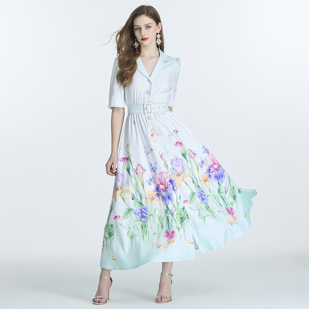 Picture of Original design -2024V-neck painted printed short sleeve waist frock flounced skirt