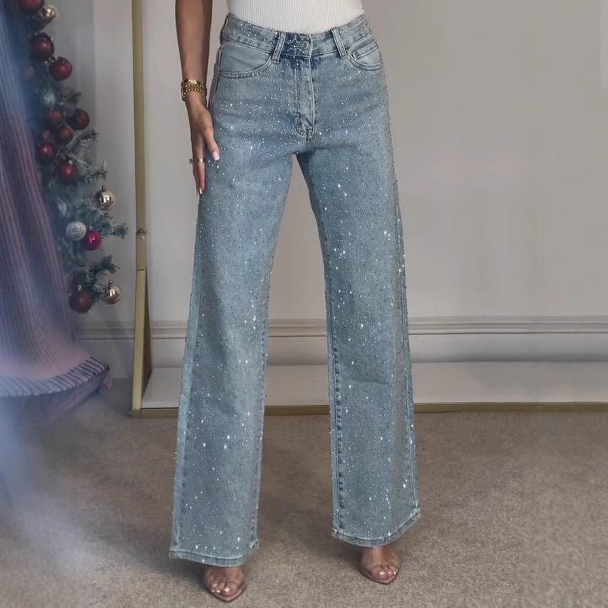 Picture of Foreign Trade European and American Amazon Women's Full Diamond Washed Jeans Women's High-End High-Waisted Straight Pants Sexy Pants