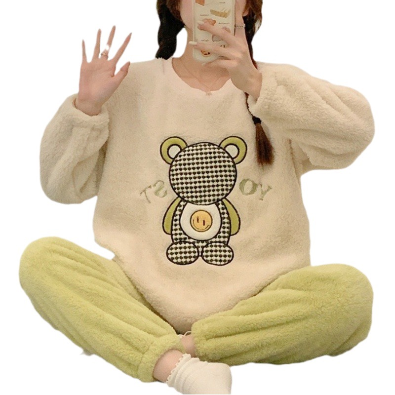Autumn and winter New flannel pajamas women's thickened sweet cartoon long-sleeved trousers suit casual outerwear homewear