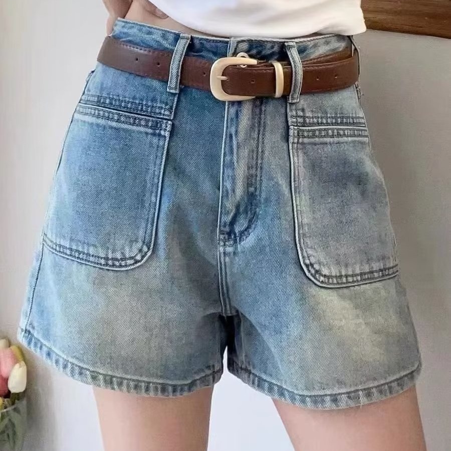 Picture of 2025 New Simple Women's Clothing Fashion Hot Pants Double Pocket A- shaped Wide Leg All-match Slimming plus size Denim Shorts Women