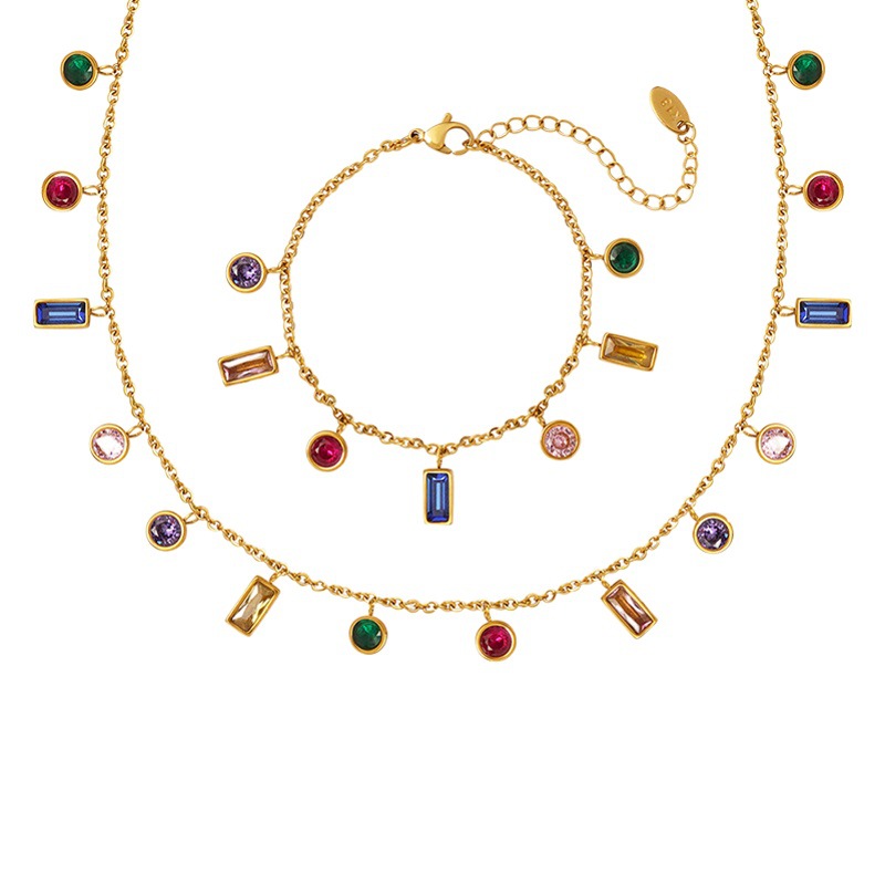 Color-free Light Luxury Ins Style Multi-color Zircon Jewelry suit Tassel Necklace Niche Design Titanium Bracelet