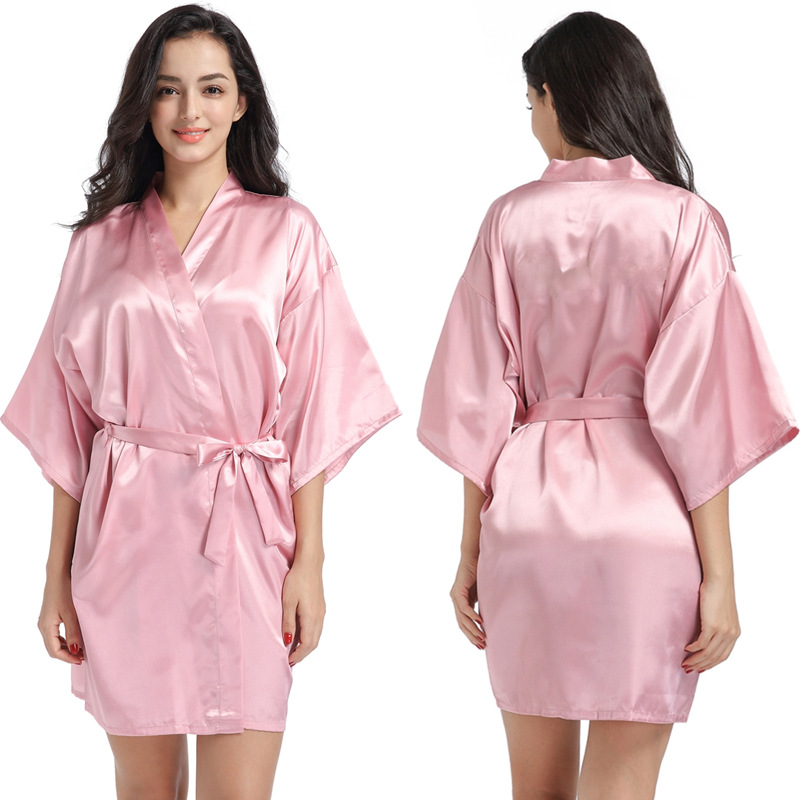 Picture of Amazon Cross-border Women's Twisted Sade Nightgown Bathrobe Solid Color Glow Summer Thin Sexy Short Cardigan Gown