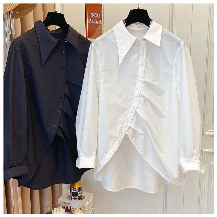 Picture of Chic Design Sense Niche Loose French Pointed Collar Asymmetrical White Shirt Women's Spring and Autumn Long-sleeved High-end Sense Top