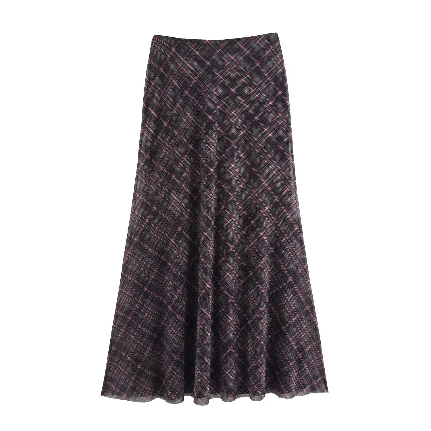 SAW AliExpress Independent Station Women's European and American Style Contrast Color Splicing A- shaped Hem Plaid Silk Net Skirt 5039281