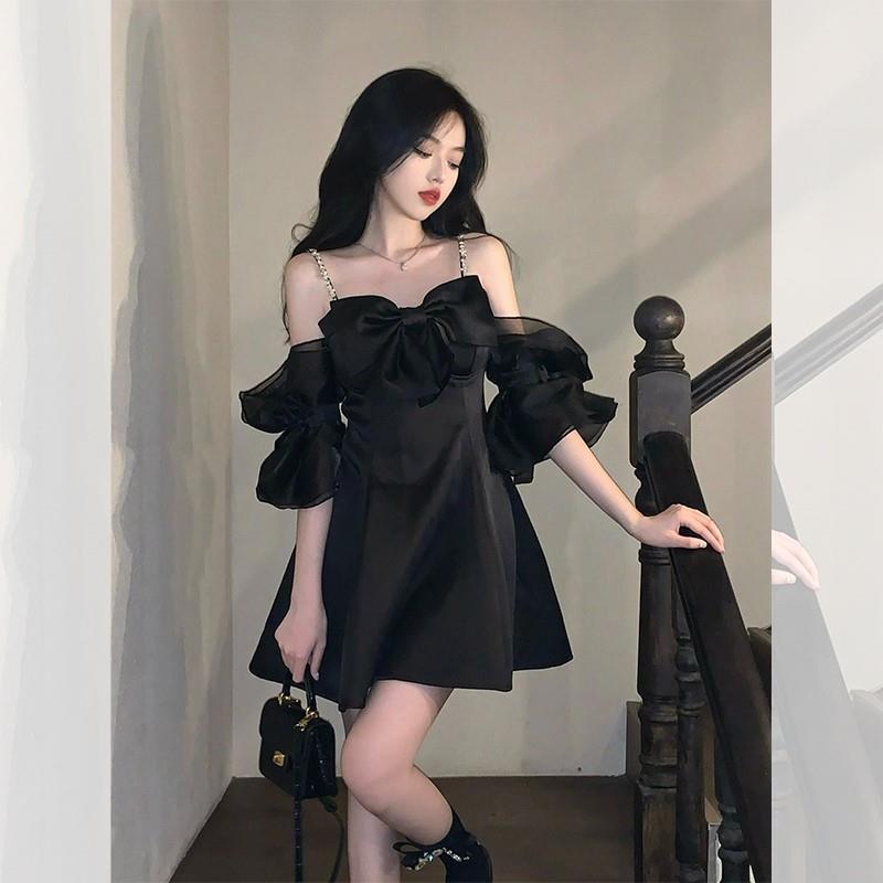 French-Style Off-Shoulder Black Bow Strap Dress for Women, Summer High-End Niche Design Petite Little Black Dress