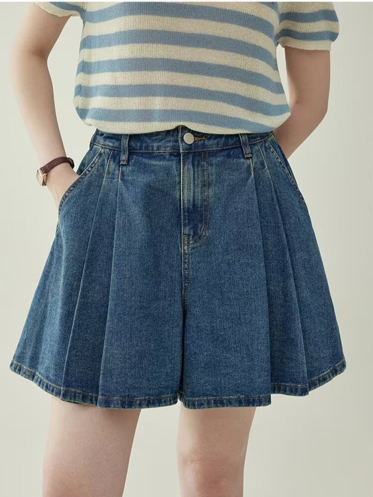 Wide Leg High Waist Slim Wearing Pleated Denim Bust Culottes Summer New Arrival Small A- line Wide Leg Pants