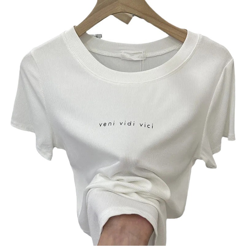 European Threaded Short-sleeved T-shirt Women's 2024 Summer New Style All-match Fashionable Slimming Top Mask Base Shirt