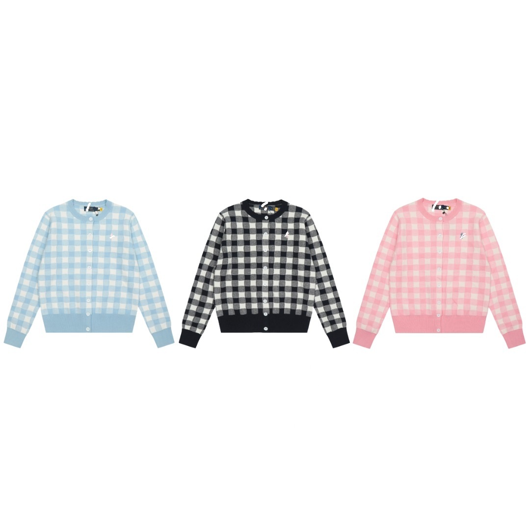 Sss Pony Logo Embroidered Plaid Knitted Cardigan for Women Early Autumn New Lace Round Neck Plaid Top Jacket