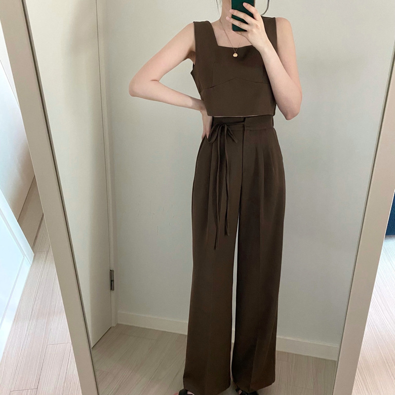Korean chic summer French retro square collar short sleeveless vest + high waist lace-up wide leg casual pants suit