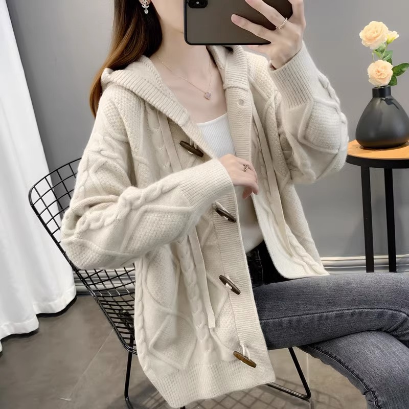 Picture of Hooded sweater coat for women 2023 new spring and autumn Korean style loose lazy style twist knitted cardigan women's top