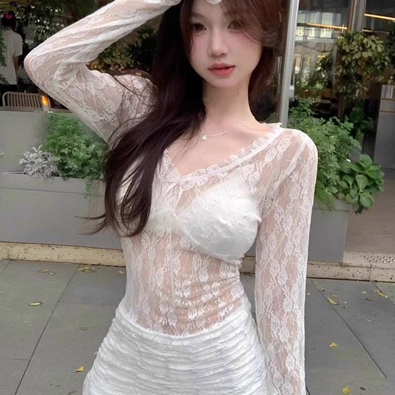Fairy Hot Girl Collar Crochet Hollow Long-Sleeved Lace Shirt for Women Early Autum Design Niche Slim Slimming Look Top for Women Trendy