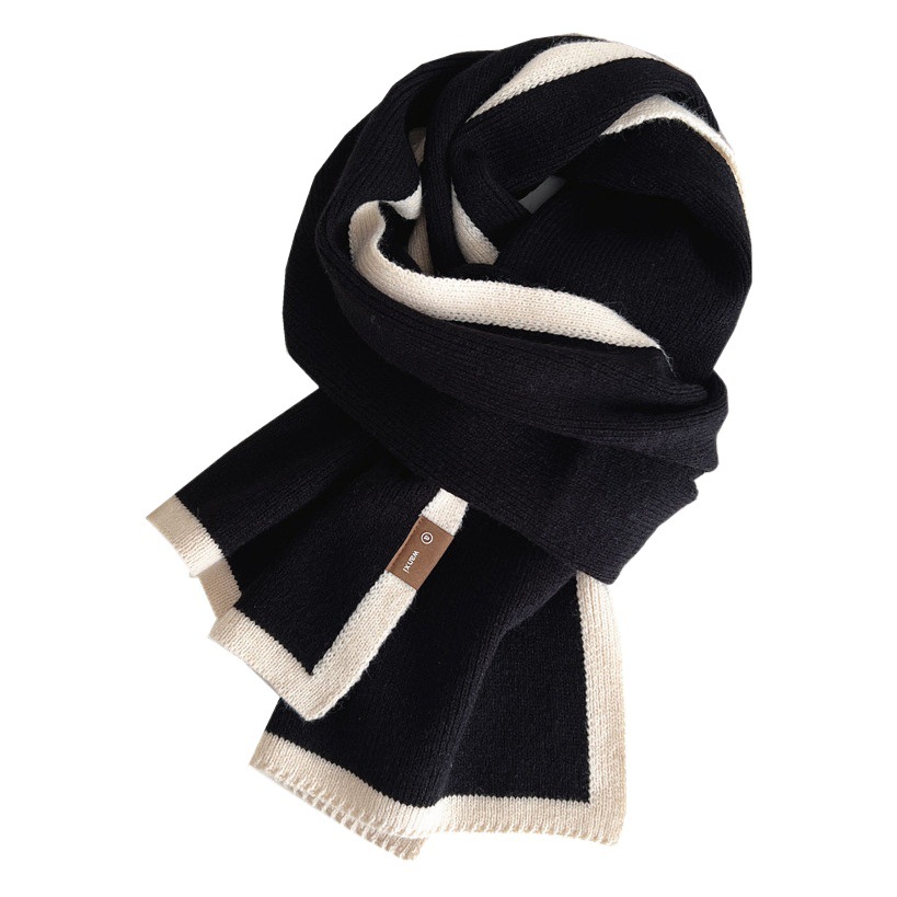 Black and White Color Matching Scarf Winter New High-End Frame Knitted Wool Niche Design Versatile Scarf for Boys and Girls