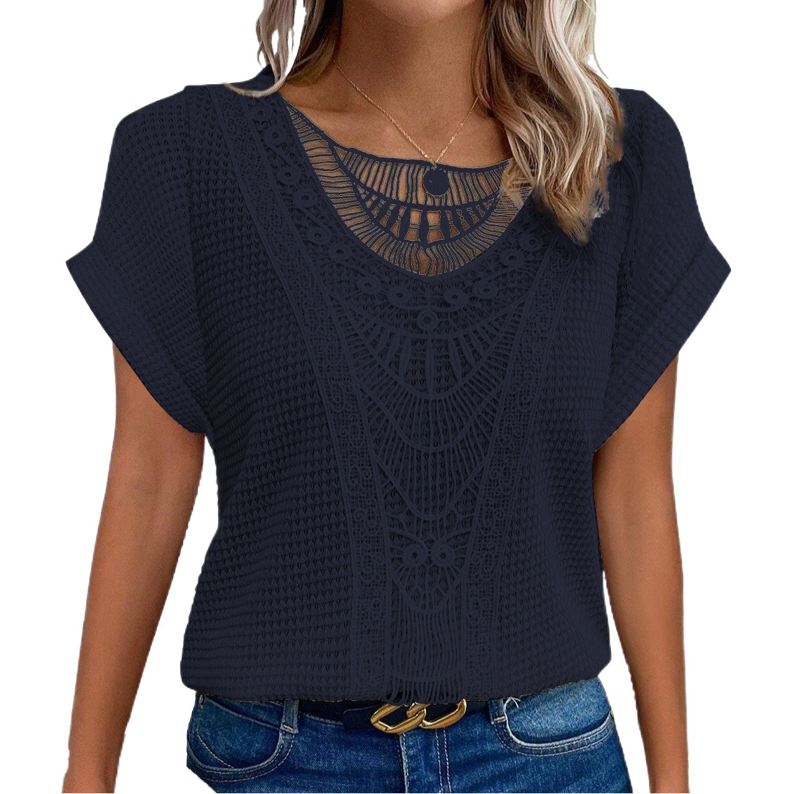 Picture of 2024 Amazon European and American spring and summer new independent stand lace stitching short-sleeved T-shirt in stock cross-border women's clothing