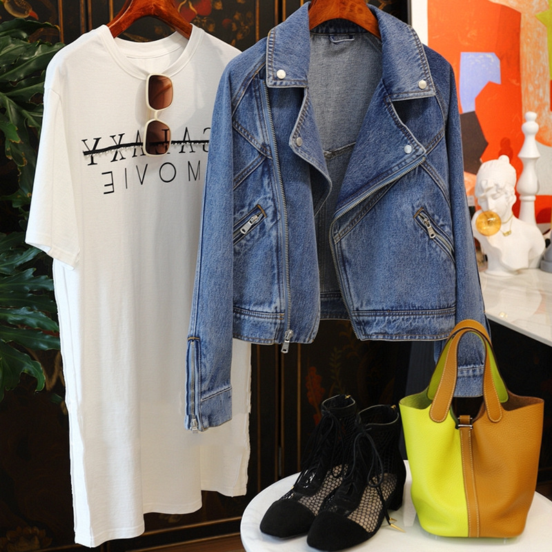 Picture of The Street Is so Handsome, and the Fashionable Love! Large Lapel Zipper Long Sleeve Motorcycle Style Denim Jacket for Women Trendy