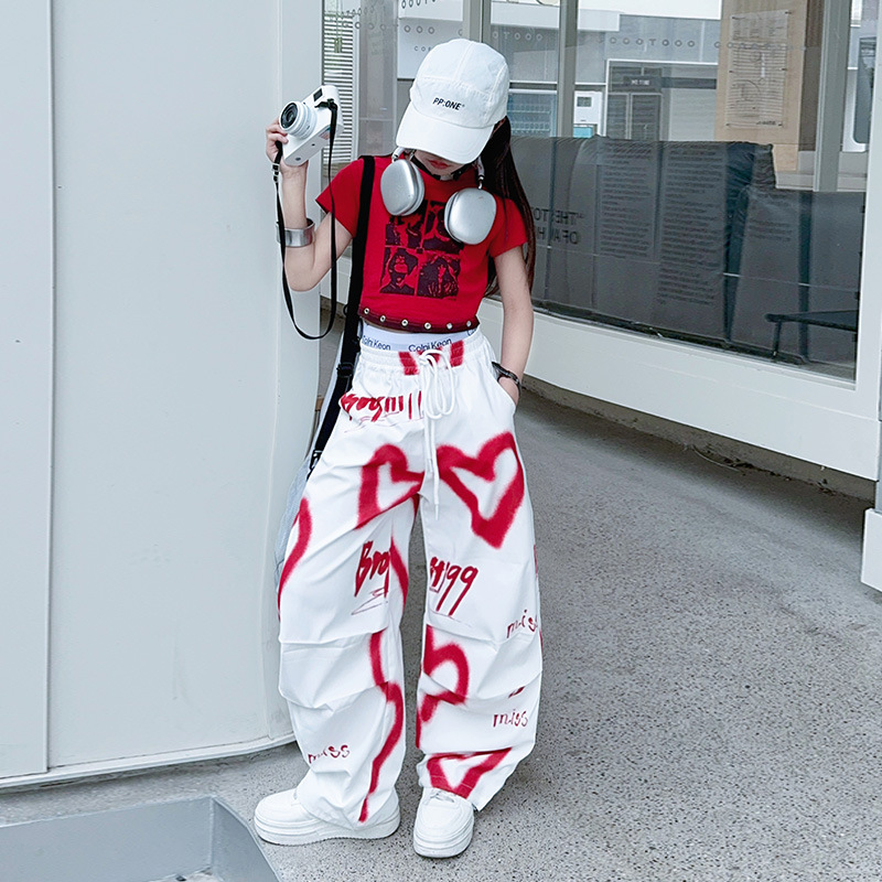 Girls' Summer Short-sleeved suit New Korean Style Middle and Big Kids Love Graffiti Loose Wide-leg Trousers
